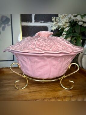Vintage Pink Cabbage Leaf Casserole Dish with Gold Stand | MCM Miramar Californi